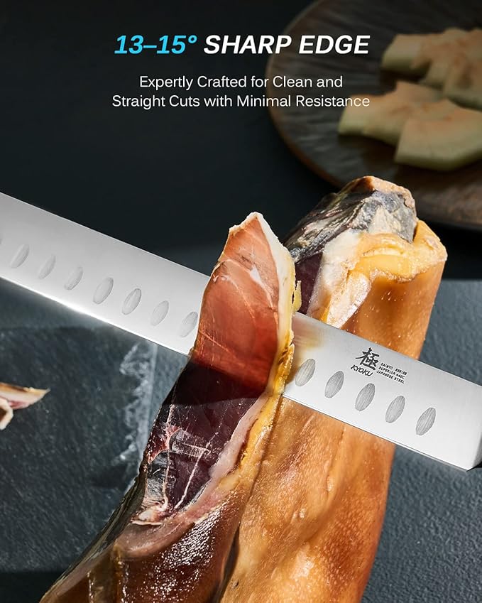 KYOKU 12" Slicing Knife, Daimyo Series Brisket Knife for Meat Cutting with Rosewood Handle, Japanese 440C Stainless Steel Meat Carving Knife for BBQ Brisket Turkey Ham Rib Roast with Sheath and Case