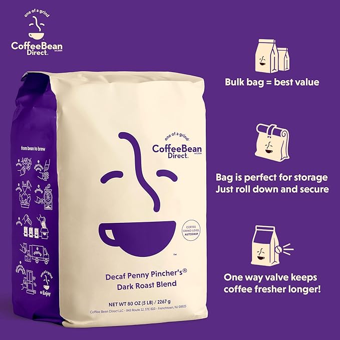 Coffee Bean Direct Decaf Penny Pincher's® Dark Roast Blend, Ground Coffee, Dark Roast, 5 Pound Bag (Pack of 1)