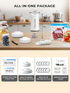 Handheld Vacuum Sealer for Food — Electric Vacuum Sealer Machine & Mason Jar Vacuum Sealer Kit with 10 Reusable Bags & 10 Mason Jar Lids, Portable & Rechargeable, Smart Auto-Stop, White