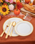 bUCLA 150PCS Gold Plastic Dinnerware Set Disposable - Heavy Duty Gold Plates Include 25 Dinner & 25 Dessert Plates,25 Forks,25 Knives,25 Spoons&25 Cups for Party&Thanksgiving Table Decor