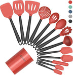 Coukre Silicone Kitchen Cooking Utensils Set with Holder – Heat-Resistant, Food-Grade Kitchen Tools, Spatula, Spoon & Gadgets for Non-Stick Pans, Dishwasher Safe (14, Red)