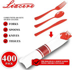 Liacere 400PCS Pre Rolled Red Silverware and Napkin - Disposable Red Plastic Utensils-Wrapped Plastic Cutlery Set with Napkin:100Forks,100Knives,100Spoons,100Napkins for Wedding＆Valentine＆Christmas