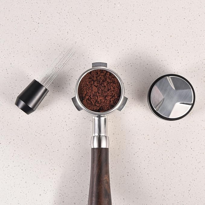WDT Espresso Distribution Tool, MATOW 6 Prongs Coffee Needle Distribution Tool with Stand - Needle Espresso Distribution Stirrer - 0.4mm Thick Wires - Anodized Aluminum Handle and Stand