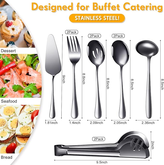 Patelai Serving Utensils Set Include Stainless Steel Large Spoons Slotted Spoons Forks Tongs Soup Ladle and Pie Server for Parties Buffet Catering, Dishwasher Safe(Black,10 Pieces)