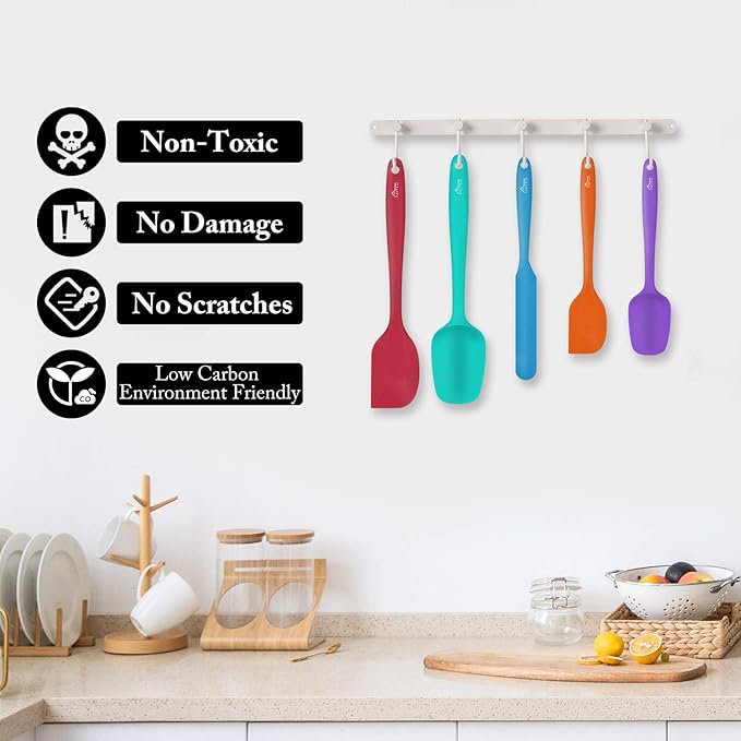HOTEC Heat Resistant 600℉ Food Grade Silicone Rubber Spatula Set for Baking, Cooking, and Mixing Non Stick Dishwasher Safe BPA-Free Multicolor Set of 5