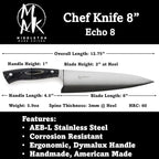 Middleton Made Knives Echo 8 Inch Chef Knife - Handmade Professional Chef Knife - Chefs Knife Made with AEB-L Stainless Steel - USA Made Knife - Great Chef Gifts - Charcoal