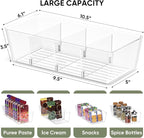 BALEINE Pantry Organizers and Storage Bins, Plastic Clear Storage Bins with 3 Removable Dividers, BPA-Free Fridge Organizers for Kitchen Cabinet Bathroom (10.5x6.1x3.5, 2PK)
