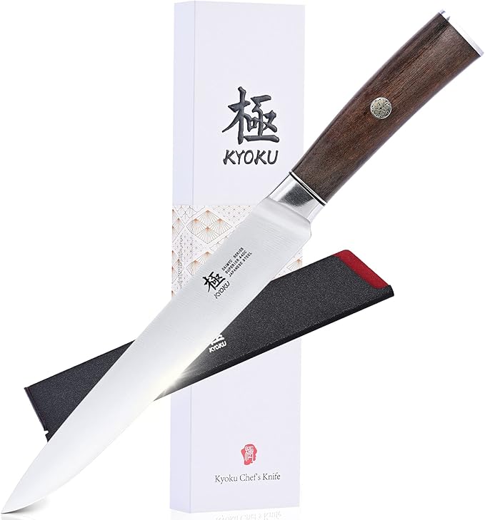 KYOKU 8 Inch Carving Knife - Daimyo Series - Meat and Fruit Slicing Knife with Ergonomic Rosewood Handle, & Mosaic Pin - Japanese 440C Stainless Steel Kitchen Knife with Sheath & Case