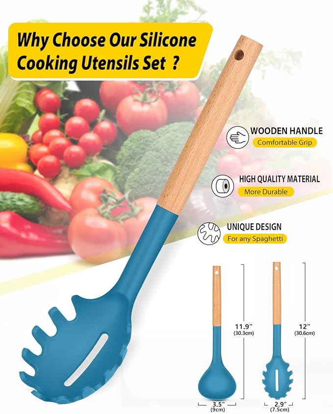 Silicone Pasta Fork and Ladle Spoon Set with Wooden Handle, Heat Resistant Non Stick Kitchen Utensils for Cooking, Stirring, Serving Spaghetti, Soup, Sauce(BLUE)