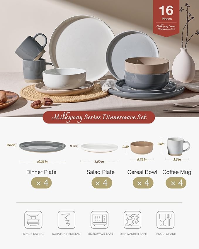 Famiware Milkyway Dinnerware Set with Mugs, Service for 4 (16pcs), Ribbed Stoneware Plates and Bowls Dishes Sets - Chip & Scratch Resistant, Microwave & Dishwasher Safe, Multi-color
