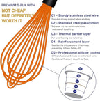 Dishwasher Safe Orange Silicone Whisk, Sealed Waterproof Design Set of 3, Professional Kitchen Whisks for Cooking Non-Scratch, Silicone&Stainless Steel Whisk, Heat Resistant Plastic wisk, BPA free