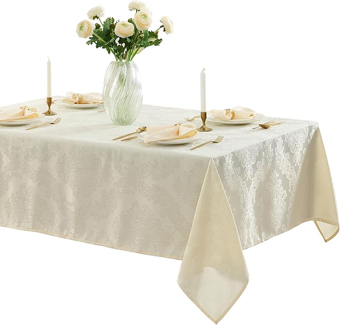 Newbridge Barcelona Luxury Damask Fabric Tablecloth, 52” Wide x 52” Square, Antique White, 100% Polyester, No Iron, Soil Resistant Dining Room, Party and Banquet Table Cover