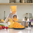 Cambom Rotary Cheese Grater Hand Crank Cheese Shredder for Fresh Cheese, Vegetable, Nuts,Non-slip Suction Base, Free Cleaning Brush Three Blades,Yellow