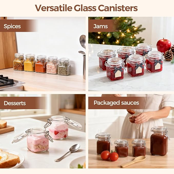 ComSaf 4 oz Glass Jars with Lid, Set of 6 Mini Airtight Glass Jars, Spice Jars, Small Mason Jar, Canning Jar Square with Seal Wire Clip Fastening, Labels & Funnels for Jam, Honey, Kitchen, Wedding