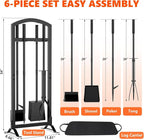 6 Pcs Fireplace Tools Set with Log Carrier, HXJLJY 34" Fireplace Accessories Sturdy Fire Tool Set Holder with Fire Poker Brush Shovel Tong Stand for Indoor Fireplace Outdoor Fire Pit Wood Stove, Arch
