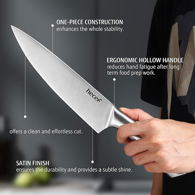 hecef Silver Kitchen knife set of 3, Satin Finish Blade with Hollow Handle, includes 8" Chef, 5" Utility and 3.5" paring knife