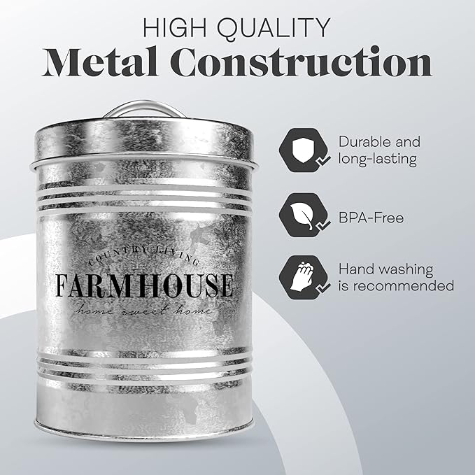 Amici Home Farmhouse Galvanized Canister | Dry Food Storage Container | Airtight Lid | 76 Oz Capacity | Farmhouse Décor | Rustic Metal Canister for Kitchen Countertop
