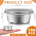 Eaasty 150 Pcs Baking Cups with Lids, 1.6 oz Muffin Cupcake Liners Aluminum Foil Mini Cake Pans Small Disposable Ramekins Flan Containers with Lids for Christmas, Birthday, Various Holiday(Silver)