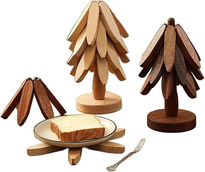 Natural Wood Tree Trivet Set, 𝐍atural Tree Trivet Set - 4 Wooden Trivets,4 Wooden 𝐓rivets & 1 Stand Like a Christmas Trees,for Hot Dish,Pot,Bowl,Teapot,Hot Pot Sets (Walnut Finish 3 Trivets,2set)