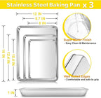 E-far Baking Cookie Sheet Pan Set of 3, 16/12.4/10.4 Inch, Stainless Steel Baking Pans Set for Oven, Rectangle Baking Tray for Cooking Roasting, Non Toxic & Easy Clean, Dishwasher Safe