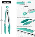 Doosu Kitchen Tongs for Cooking - 600°F Heat Resistant Food Tong with Non-Scratch Silicone Tips, Heavy Duty Stainless Steel Locking Tong for BBQ, Grilling Steak, Serving Salad, Pasta (9in, Aqua Sky)