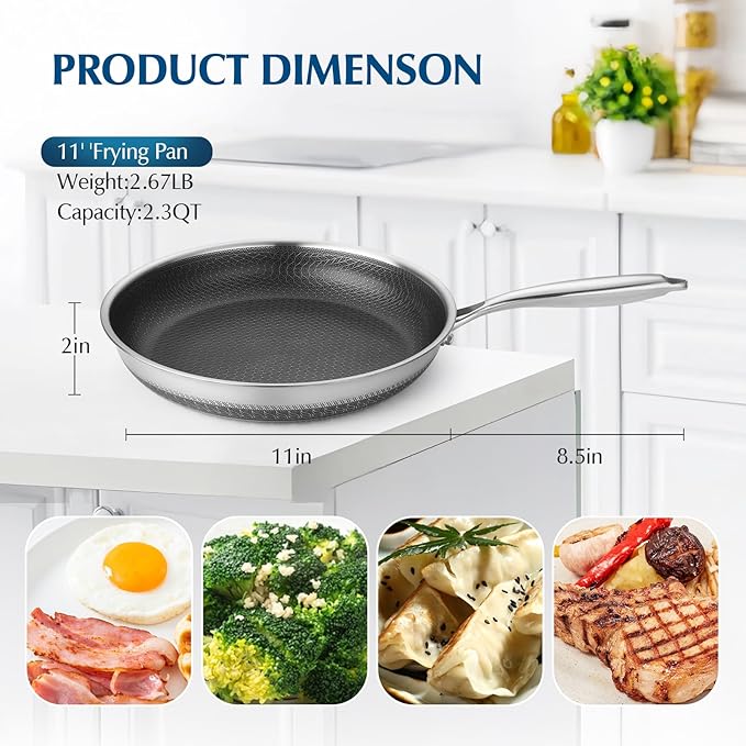 Frying Pans Nonstick, 11” Hybrid Stainless Steel Non Stick Frying Pans for Kitchen and Camping - Nonstick Cookware - Dishwasher and Oven Safe Skillet for Induction Gas Ceramic.