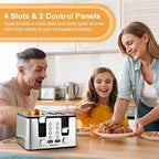 Mecity 4 Slot Stainless Steel Toaster - 4 Slice With Warming Rack, Cool to Touch, Bagel/Defrost/Reheat Functions, Removable Tray, 6 Browning Settings, Extra Wide Slots, 1500W