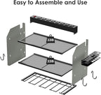 CCCEI Modular Power Tool Organizer Wall Mount with Charging Station. Garage Drill Storage Shelf with Hooks, Heavy Duty Rack, Tool Battery Holder Built in 8 Outlet. Gift for Men. Grey, 2 Pack.
