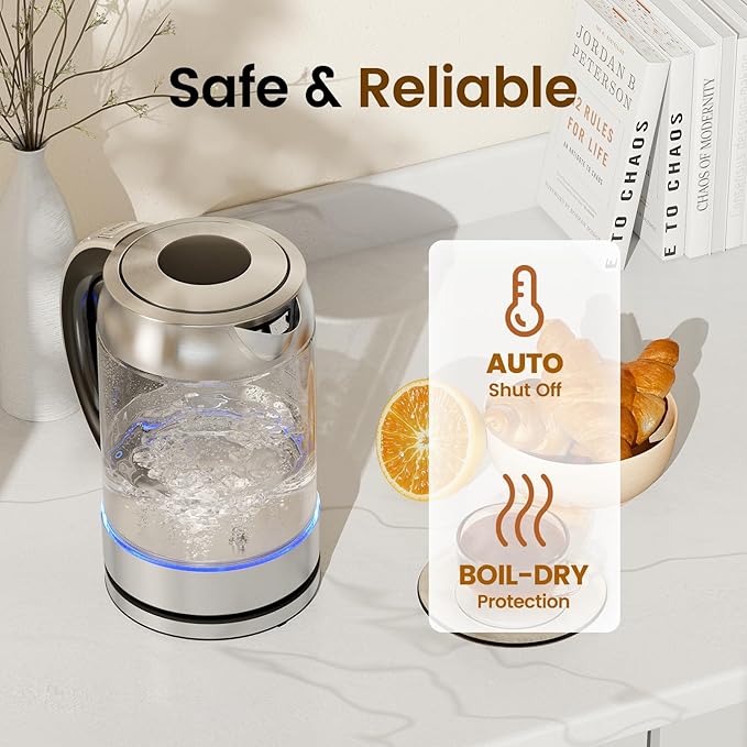 TOPZEE 1.7L Glass Electric Kettle for Coffee & Tea, Hot Water Boiler with 6 Preset Temperatures, Keep Warm and Memory Function, Auto Shut-off & Dry Boil Protection, BPA Free, Rapid Boil, 1500W, Silver