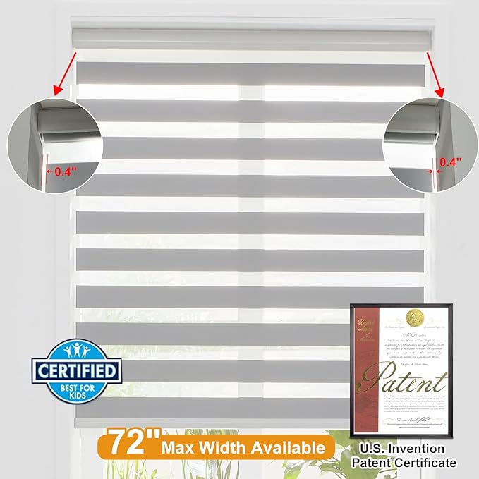 Persilux Cordless Zebra Blinds for Windows Free-Stop Roller Window Shades (39" W X 72" H, Grey) Dual Layer Light Control for Day and Night, Light Filtering Sheer Shades for Home, Easy to Install