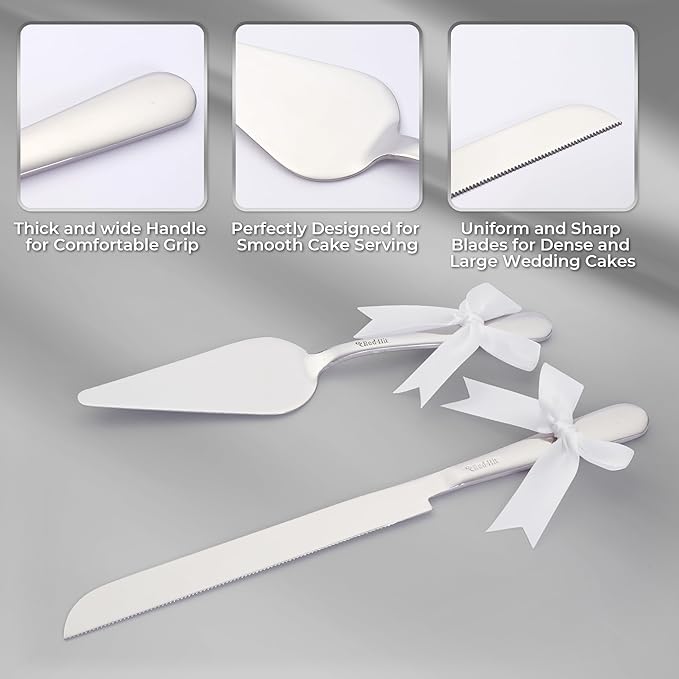 Wedding Cake Cutting Set, Elegant Wedding Cake Knife and Server Set with Thick Stainless Steel Wide Handle, Cake Cutting Set for Wedding Anniversary Christmas, Cake Cutter, 2 Cute Forks and Bows