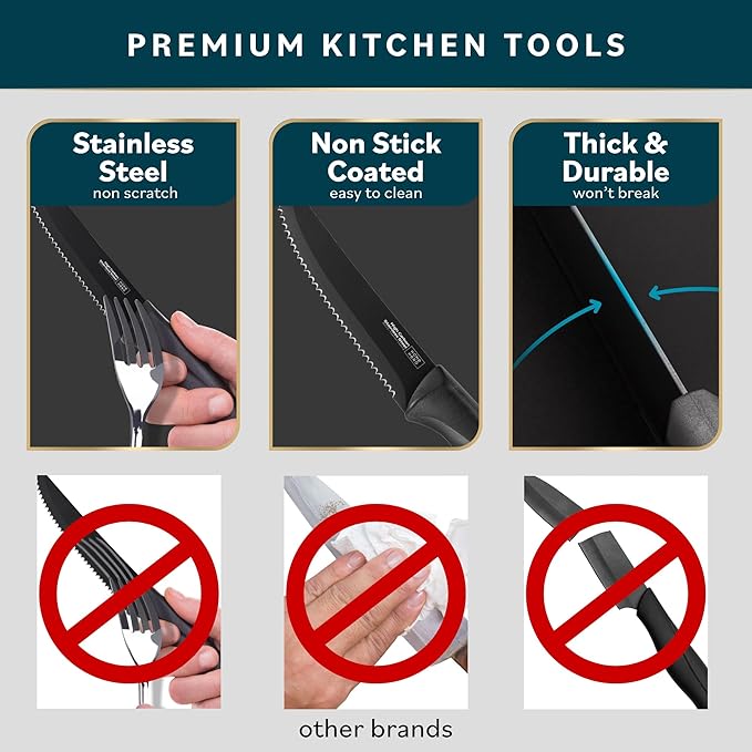 Home Hero Steak Knife Set - Effortless Cutting & Serrated Steak Knives - Rust-Resistant Stainless Steel Blades & Cutlery Set - Comfort-Grip Handles & Kitchen Knife Set - Pack of 4, Black