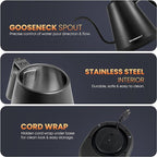 Elite Gourmet EKT3001 1L Digital Water Kettle, 304 Stainless Steel Interior, Programmed Temperatures, Keep Warm Function, Cordless, 360° Base, Auto Off & Audible Indicator, Matte Black