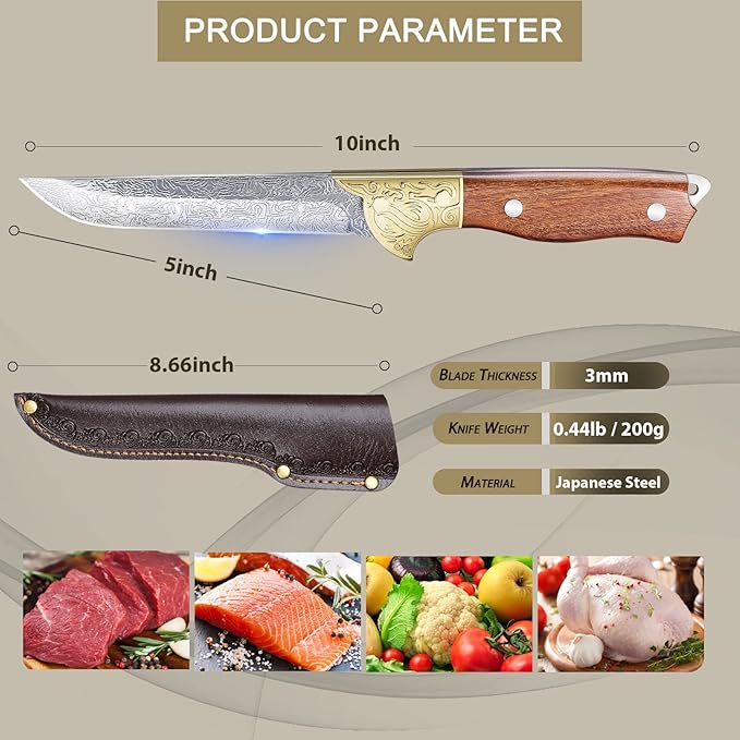 Purple Dragon 5" Boning Knife - Japanese Steel Professional Fillet Knife with Sheath, Elegant Blade, Sharp for Meat, Fish, Camping, Gift Box Included