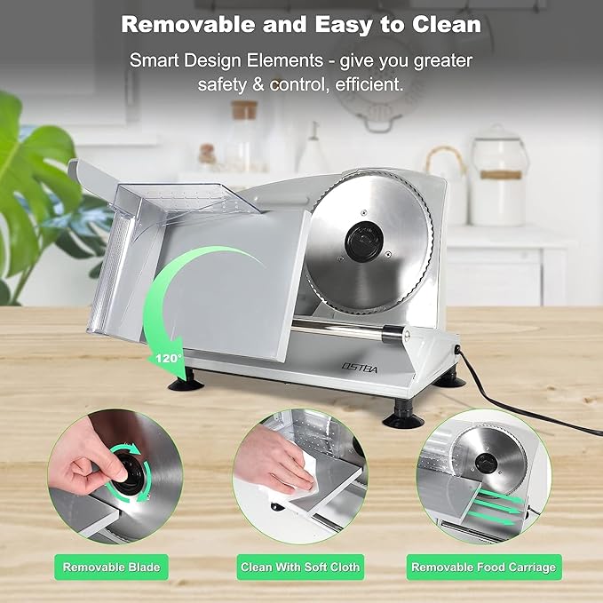 OSTBA Meat Slicer Machine, Two 6.7” Removable Stainless Steel Blades and Food Carriage, 150W Electric Deli Food Slicer for Home Use, Easy to Clean, 0-15mm Adjustable Thickness for Meat, Cheese, Bread