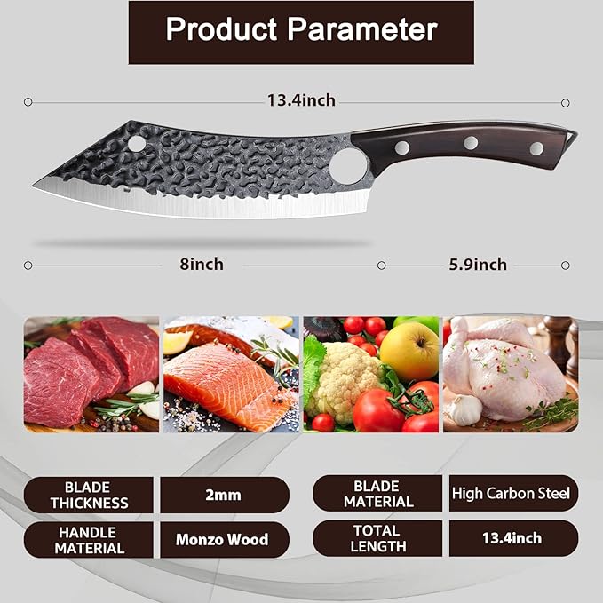 Purple Dragon Kitchen Knife 8 Inch Ultra Sharp Japanese Butcher Knife for Meat Cleaver Vegetable Cutting with Finger Hole Hand Forged High Carbon Steel Chef Knives Christmas Gift for Men and Women