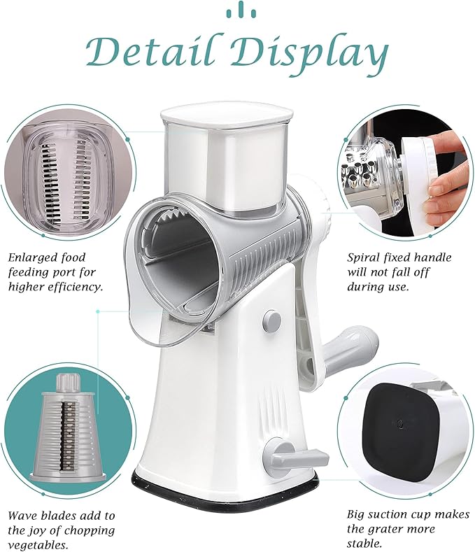 Ourokhome Rotary Cheese Grater Shredder, Multifunction 5 in 1 Kitchen Manual Speed Round Mandolin Food Slicer Vegetable Shooter Potato Hashbrown Grinder for Nut, Carrot, Radish, Cucumber, White