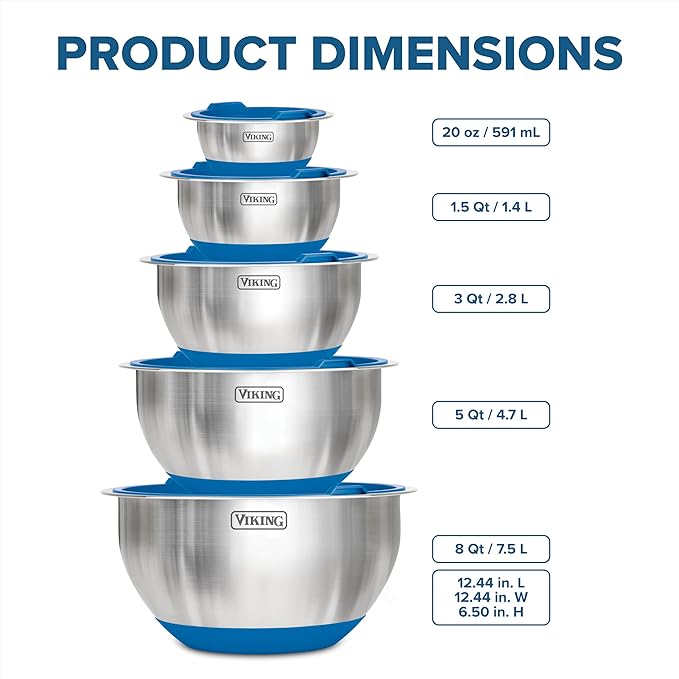 VIKING Mixing Bowls Set, 10 Piece Stainless Steel Kitchen Cookware, Non-Slip Silicone Base, Includes Tight Fit Lids, Dishwasher Safe, Blue
