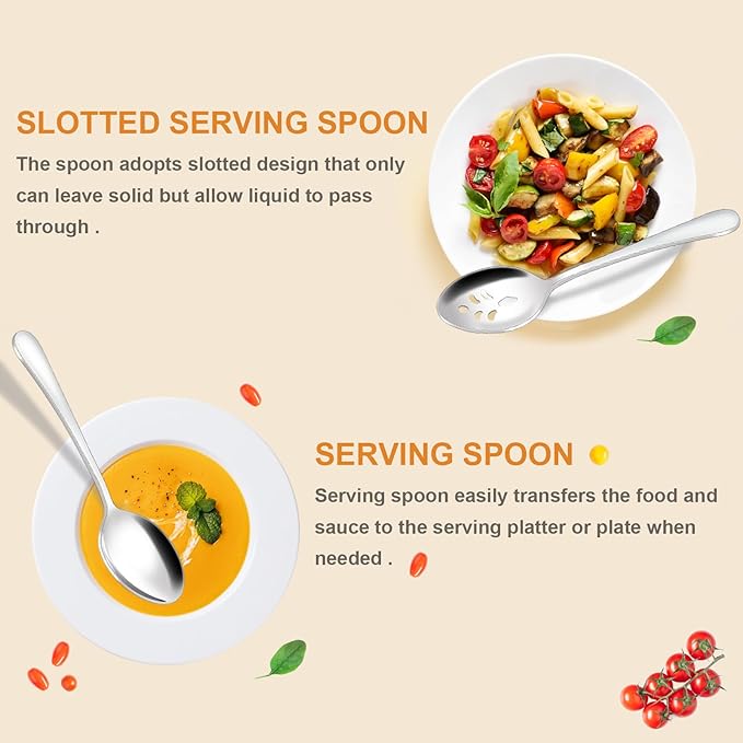 BEWOS 12-Piece Serving Spoons Set, 6 Serving Spoon and 6 Slotted Spoons, 9.1-Inch Utensils Set for Parties, Stainless Steel, Dishwasher Safe, Large Spoon For Buffet