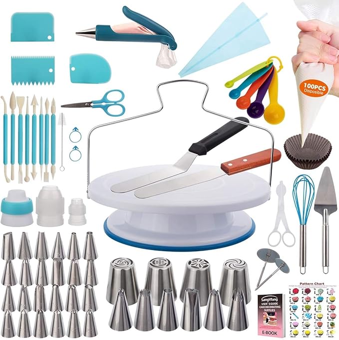 207 Pcs Cake Decorating supplies Kit for Beginners Cake Turntable-100+ Piping Bags-Russian Piping Tips-Icing Spatula Cake Decorating Tools