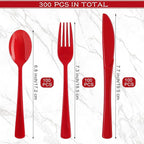 300 Pieces Christmas Red Plastic Silverware Heavy Duty Plastic Cutlery Set Heavyweight Disposable Flatware Includes Spoons Forks Knifes for Party Prom Night Wedding Dinner