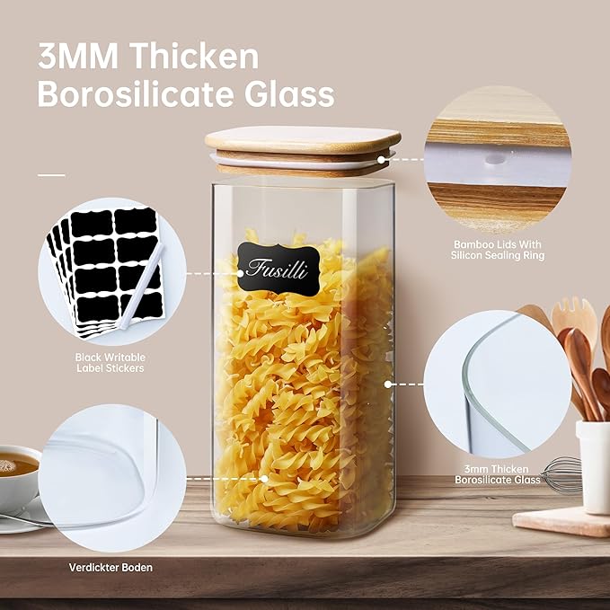 Square Glass Jars with Bamboo Lids 53 FL OZ [Set of 4], Glass Canisters with Airtight Lid, Glass Food Storage Containers for Pasta, Cereal, Coffee, Flour, Sugar, Best for Kitchen & Pantry