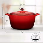 Signature Enameled Cast Iron Dutch Oven, Non-Stick Serving Pot with Tight Fitting Lid for Perfect Roasting, Baking, Sauteing, and Bread Making | 7.4Q (7L) - Red