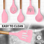 Zulay Kitchen Non-Stick Cooking Utensils Set with Authentic Acacia Wood Handles – 5-Piece Durable & Stylish Silicone Kitchen Utensils Set – Heat Resistant to 464°F – Pink