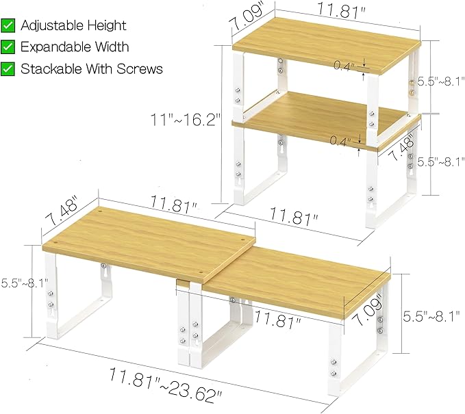 Adjustable Storage Shelves for Kitchen Cabinet Organization - Set of 2 Stackable Metal & Solid Wood Racks, Space-Saving Design for Countertop/Pantry/Garage, Easy Assembly(2 Packs/Medium/White)
