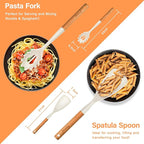Silicone Cooking Spoon and Pasta Fork Set, 2 Pack Large Spatula Spoons Set with Wooden Handle, Heat Resistant Multifunction Spoon for Cooking, Serving and Mixing Spaghetti (White)