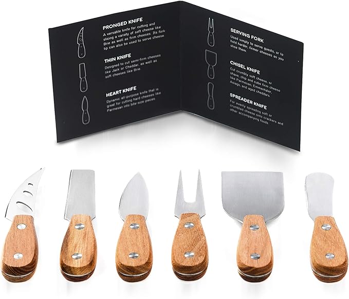 Harvest 6-Piece Cheese Knife Set (Gift-Ready) - Premium Stainless Steel Cheese Knives with Rivets, Full Tang Blades and Teak Wood Handle Charcuterie Board Accessories w/ 15 Festive Recipes