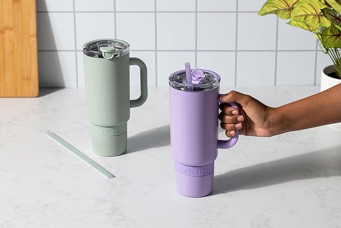 Ello Port 40oz Tumbler with Carry Loop & Integrated Handle, Vacuum Insulated Stainless Steel Reusable Water Bottle, Travel Mug with Leak Proof Lid & Straw, Perfect for Iced Coffee & Tea, Lilac