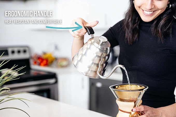 Barista Warrior Gooseneck Kettle for Pour Over Coffee and Tea with Thermometer for Exact Temperature, Precision Pour Drip Spout, Compatible with all Stove Tops (Copper Coated, 1.2 Liter, 40 fl oz)