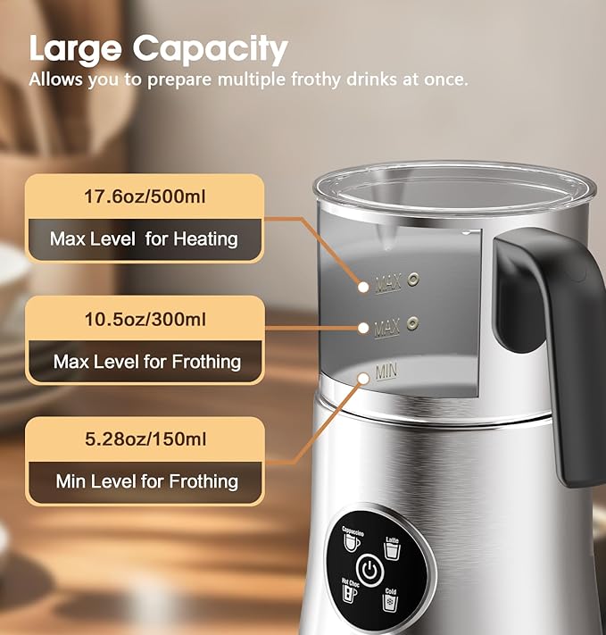 Milk Frother and Steamer,Warm and Cold Foam Frother with 4 in 1 Function, 304 Stainless Steel Jug, 17.6oz/500ml and BPA Free